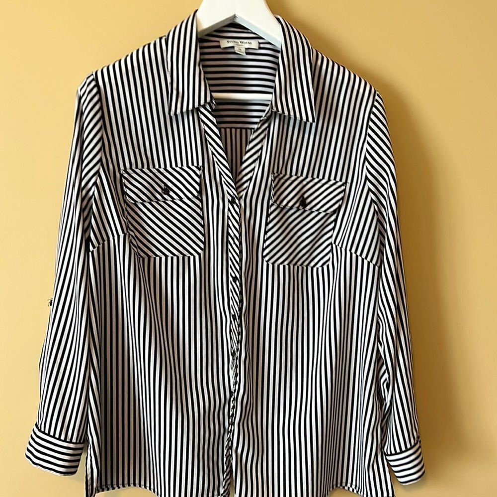 STUDIO WORKS plus size blouse. Black / cream stripe. 2X